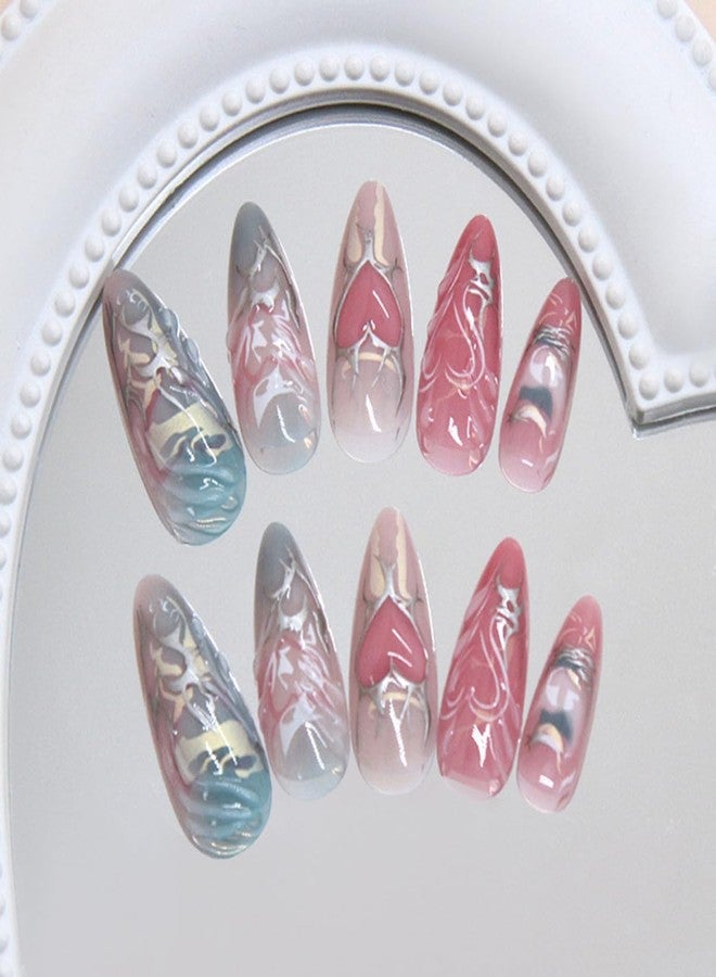 OSTTMA Medium Press on Nails Heart Fake Nails Almond Shaped 3D Metallic Style False Nail Silver Pink Blue Glossy Chrome Heart Butterfly Glue on Nails Reusable Artificial Fingernails for Women,24Pcs - Image 4